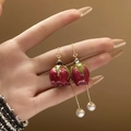 Ohrringe mit roten Blütenknospen Goldkettenquasten und weißen Perlen für Damen - Harz/Trockenblume/Künstliche Perle/Legierung / Harz Rote Rosenknospe Perle Ohrlinie