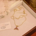 Elegant gold fishtail pendant necklace with purple enamel, pearls and pink crystals - Purple