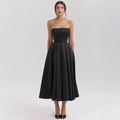 Elegant black strapless corset midi dress with pleated waist and flared A-line silhouette - S / Black