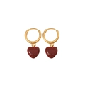 Minimalist gold hoop earrings with vintage deep red enamel heart-shaped charms - Heart Shape Style (ER-426D01)