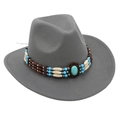 Detail of western fedora hat featuring turquoise gemstone and ethnic beaded band trim - One Size / Light Gray (Bead Band)