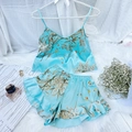 Set pigiama da donna in seta di ghiaccio azzurro con stampa floreale e volant - S / Ciliegia Verde Chiaro