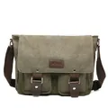 Men's large army green canvas messenger bag with brown leather straps and wide shoulder strap - Regular / Army Green