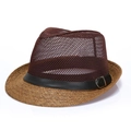 Breathable two-tone mesh fedora hat with brown woven brim and decorative buckled band - One Size / Coffee