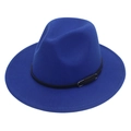 Close-up of royal blue wool fedora with black leather belt and silver metal buckle - M(56-58cm) / Sapphire Blue