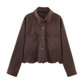 Chaqueta de gamuza marrón oscuro para mujer con dobladillo calado y bolsillos frontales - XS / Marrón Oscuro (Parte Superior)