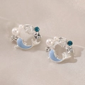 Chic silver dolphin earrings with blue shell accents and pearl detail for women - Bright Silver Studs (DZ-501)