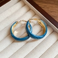 Elegant Klein Blue marbled C-shaped hoop earrings with gold-plated finish - Wide Style (Diameter 4cm) / Blue