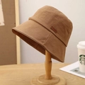 Japanese retro brown bucket hat in heavy cotton on wooden stand for sun protection - M (56-58cm) / Camel