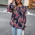 Chemisier bleu marine à manches longues avec motif floral rose et poignets élastiques - S / Bleu marine