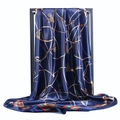 Deep blue satin square scarf with golden equestrian chain print and elegant drape - Navy Blue
