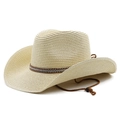Straw cowboy hat with rhinestone studded band and adjustable chin strap on white background - M (56-58cm) / Beige