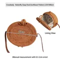 Handmade dark brown wicker crossbody picnic basket with bow clasp and floral lining - Crossbody Oval Bag With Butterfly Buckle (Sunflower)