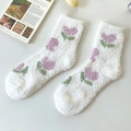 Plush white coral fleece socks with purple heart flower patterns in a cozy layout - One Size / White (Purple Flower)
