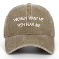 Close-up view of vintage washed baseball cap featuring white embroidered slogan on crown - One Size(Adjustable) / Khaki