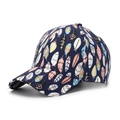 Detailed view of dark blue baseball cap featuring colorful bohemian feather prints - One Size / Navy Blue