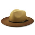 Detail of wool felt fedora featuring gradient two-tone design with leather belt and metal buckle - M (56-58cm) / Khaki