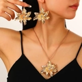 Elegant gold lily flower jewelry set with sparkling crystals necklace and earrings - Gold Leaf Rhinestone Earrings + Necklace Set