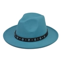 Detail of lake blue wool felt fedora featuring leather band with sapphire-like beads - Lake Blue