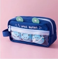 Navy blue canvas pencil case with frog plushies, transparent window and top handle - Blue Frog