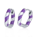 Macro view of silver hoop earrings with purple enamel spiral stripes and reflection - Purple Silver
