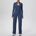 Dettaglio del set yoga blu navy con giacca, canotta e pantaloni a gamba larga - S / Blu Navy