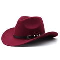 Macro detail of burgundy wool fedora hat featuring black leather belt and silver metal buckle - M (56-58cm) Adjustable / Burgundy