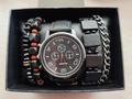 Men's quartz watch with black leather strap and beaded bracelets gift set in a box - Black Orange Beads