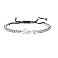 Bracelet minimaliste avec perles argentées, pendentif Love et cordon noir ajustable - Lettre LOVE Incrustée (I)