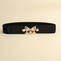Women's black elastic wide waist belt with elegant gold leaf-shaped metal buckle - Black