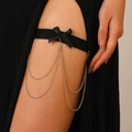Sexy leg chain featuring black elastic band, satin bow, and multi-layered gold tassels - Tassel Leg Chain Style / KC Gold (G-306)