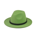 Detail of bright green felt fedora hat featuring a chunky black chain and flat top design - Army Green with White Chain