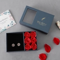 Blue jewelry gift box with six red soap roses and pink gemstone stud earrings - Feather Design Blue; Flower Box + Tote Bag + Greeting Card