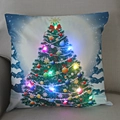 Detail of LED Christmas tree pillow with glowing lights on a cozy beige sofa - Decorated Tree Blue Night-21M-24