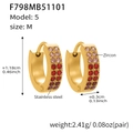 Detail view of U-shaped gold earrings with pink and red zircon stones and dimensions - Red Zirconia Earrings - Medium