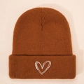 Caramel brown knitted beanie hat with white heart embroidery and ribbed cuff design - Caramel
