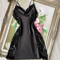 Elegant black satin slip nightdress with delicate floral lace sides and cowl neck - S / Black