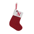 Red knitted Christmas stocking with white cuff and embroidered letter N and mini hat - Letter N