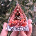 Buddha statue resin pyramid with red crushed stones and silver leaf flakes - Style 16