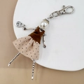 Handmade doll keychain featuring white pearl head and brown beige polka dot skirt decor - 25-Retro Velvet Polka Dot Doll