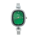 Elegant ladies quartz watch with oval green dial and silver mesh band with crystals - Green