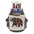 Etnische canvas rugzak met witte basis, olifant borduurwerk en blauwe klep - Crème kleurblok olifant