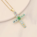 Detail of cross pendant with light blue enamel and colorful zircon stones on gold chain - Blue