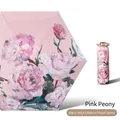 Pink peony oil painting ultra light flat six-fold umbrella with matching capsule pouch - 19 Inch 6 Ribs / 5-Fold Titanium Gold-Pink Peony