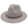 Chapeau fedora gris à large bord avec ruban décoratif ethnique en perles colorées - Gris clair