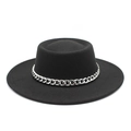 Detail of black wool felt boater hat featuring a stylish thick silver metal chain trim - M (56-58cm) / Black
