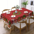 Mantel navideño rojo con estampados de Papá Noel y árboles en un comedor de estilo rústico - 140cm*180cm / Borde Ondulado Rojo/Estampado de Papá Noel y Árbol