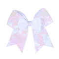 Close-up of white sequin hair bow with dual-layer grosgrain ribbon and iridescent shimmer - White