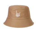 Close-up of white skeleton hand embroidery on khaki cotton bucket sun hat - Khaki