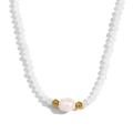 Beaded necklace with white frosted beads and a single freshwater pearl in golden finish - White Matte Beads